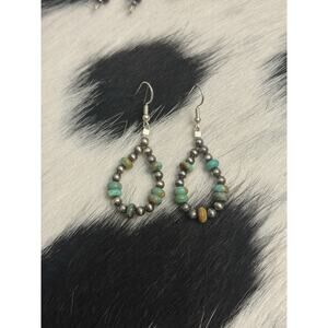 Native American Sterling Silver Navajo Pearl Green Turquoise Rondelle Earrings